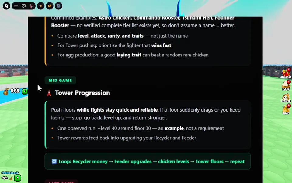 Grow a Chicken Fighter guide overlay on choosing a best fighter across modes