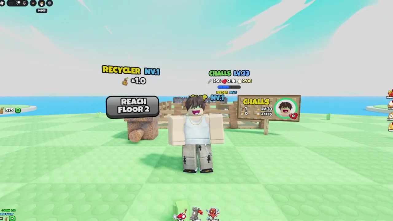 Grow a Chicken Fighter ticket icon redeem panel in the top-left HUD