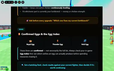 Grow a Chicken Fighter Egg Index panel showing egg pools and rarity info