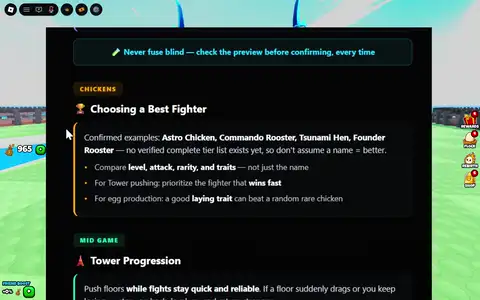 Grow a Chicken Fighter Tower climb progression while pushing floors